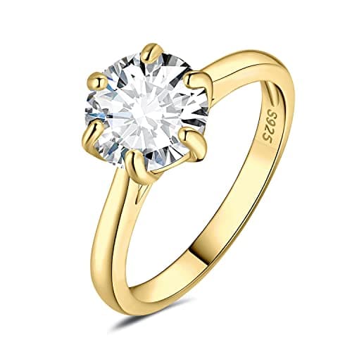 Image of JewelryPalace Classic 3ct Cubic Zirconia Solitaire Engagement Rings for Women, 14K Yellow Gold Plated 925 Sterling Silver Promise Ring for Her, Round Cut CZ Anniversary Wedding Rings Size N