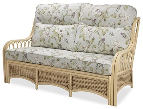 Image of Desser Vale Rattan Conservatory 3 Seater Sofa – Fully Assembled in Natural Wash Frames – Indoor Cane Settee with UK Made Cushions in Floral Lily Fabric - H100cm x W182cm x D87cm
