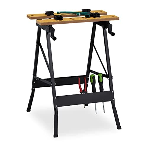 Image of Relaxdays Workbench, Foldable, Up to 100 kg, 4 Clamping Jaws, H x W x D: 75.5 x 56 x 62 cm, Natural/Black, Steel