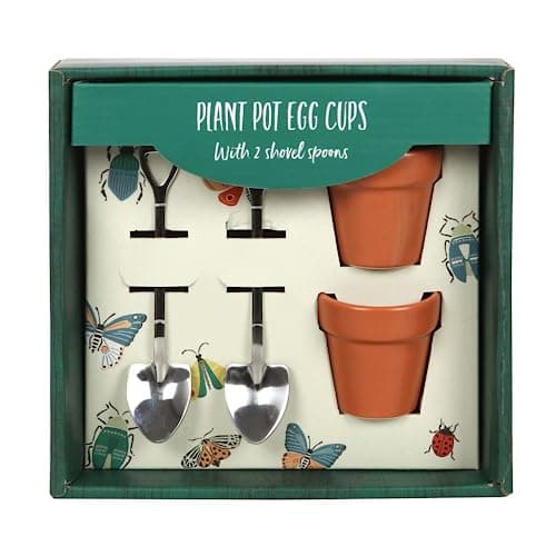 Image of Classic Gardeners Egg Cups & Spoons - Plant Pot Egg Cups with Shovel Spoons - Set of 2