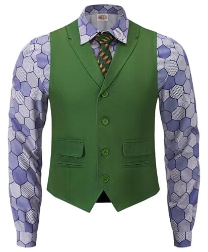 Image of Mainfini Mens Joker Costumes Halloween Theme Party Funny Classic Dark Horror Knight Movie Cosplay Regular Fit Novelty Purper Graphic Shirt Green wasitcoat Tie Suit Outfit Adult 3 Piece Set M
