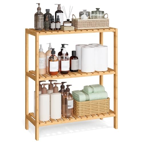 Image of SONGMICS Bamboo Storage Shelf, 3-Tier Shelving Unit, Multifunctional, in the Hallway, Bathroom, Living Room, Balcony, Kitchen, 26 x 60 x 66 cm, Natural BCB33Y