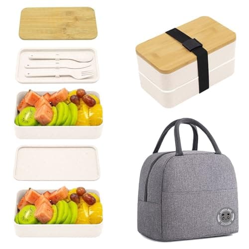 Image of cheshjulv Japanese Lunch Box, Bento Lunch Box Set with Utensils, Bento Box with Bag, Stackable Lunch Containers, Bamboo Lids,40oz (Grey)
