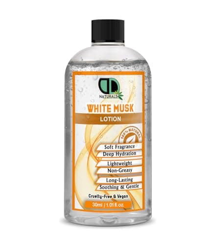 Image of DD Teck White Musk Body Lotion | Moisturises, Nourishes & Softens | Luxurious Blend of Pure Essential Oils | 100% Natural Fragrance, Lightweight Floral Moisturiser for Silky Soft Skin (30ml)