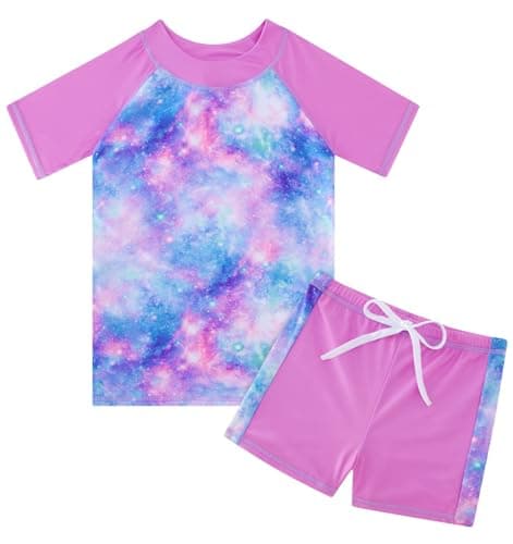 Image of Fanient Swimming Costume for Girls Galaxy Swimwear Kids Two Pieces Swimsuit Short Sleeve Bathing Suit Surfing Swimming Age 11-12 Years