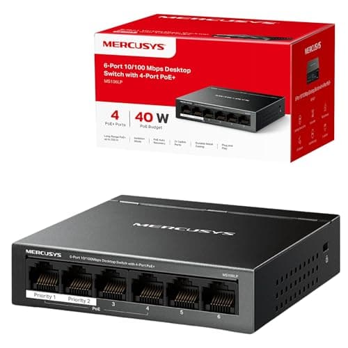 Image of MERCUSYS MS106LP 6-Port 10/100Mbps Network Switch with 4-Port PoE+, Ethernet Splitter PoE Power up to 30 W, Compatible with 802.3af/at PDs, Power Management, Metal Case, No Configuration Required