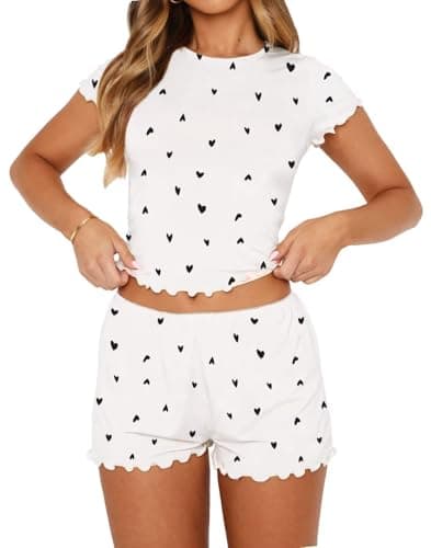 Image of LACOZY Matching Pj Set for Women 2 Piece Short Sleeve Cute Flower Pajamas Set Crop Top and Shorts Y2K Lounge Set White S