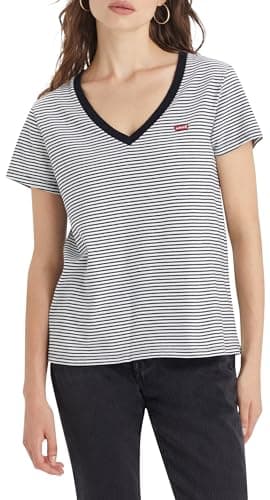 Image of Levi's Women's Perfect V-Neck T-Shirt, Annalise Stripe Cloud Dancer, L