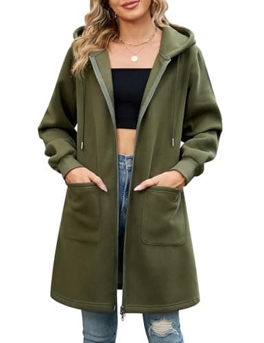 Image of Vancavoo Zip up Hoodie Women Longline Fall Jackets Ladies Fleece Sweatshirts Casual Long Sleeve Jacket Loose Hooded Coat Outwear with Pockets,Army Green,XL