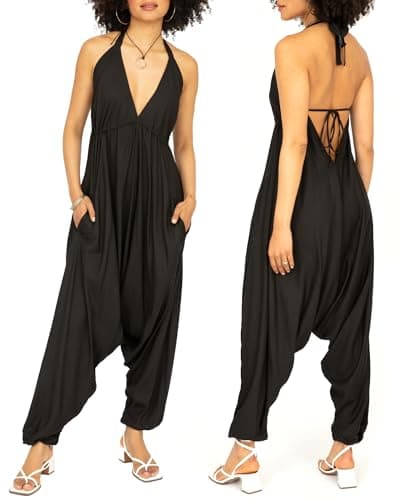 Image of likemary Jumpsuits for Women UK - Harem Jumpsuit All in One - Halter Neck Genie Romper with Pockets - Sexy & Comfy One Piece Ideal for Holidays Black