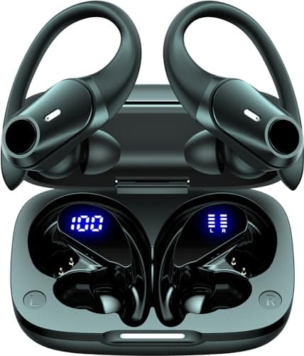Image of Active Noise Cancelling Wireless Earbuds Bluetooth Headphones 80H Playtime Ear Buds with Power Display Case Hi-Res Sound & Clear Calls Over Ear Hooks Earphones for Sports Running Gym Workout Black