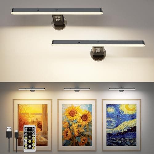 Image of 2 Pack Picture Lights for Wall, Rechargeable Wall Lights with Remote Control and Timer, Dimmable & 3 Color Temps, Magnetic Battery Operated LED Picture Lights Indoor for Paintings, Portraits, Black