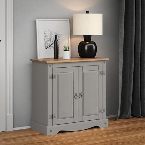 Image of Corona Solid Wood Pine Grey Painted Wax 2 Door Small Sideboard Cupboard Wooden Side Hallway Lounge Living Room Kitchen Bedroom Unit Mexican Style 73cm High 75cm Wide 36cm Deep