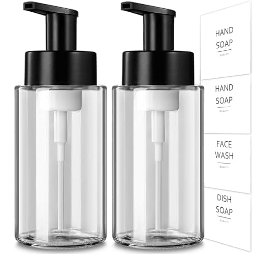Image of GMISUN Foaming Soap Dispenser, 300ml Foaming Hand Soap Dispenser, 2 Pack Glass Foam Dispenser for Bathroom & Kitchen, Clear Refillable Dispenser Pump Bottle with Waterproof Labels