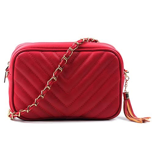 Image of AOSSTA Women's Cross-Body Bag Designer Quilted Shoulder Bag for Women Handbag Tassel With Chain Strap (Red, S)