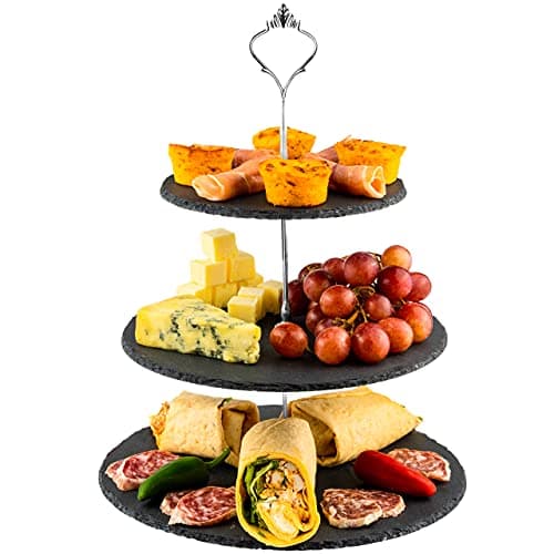 Image of Nyxi 3 in 1 Cake Stand Afternoon Tea Serving Plate 100% Natural Slate Round Rough Edges Display with New Fittings, Can be Used as 3 Tier, 2 Tier & Single Tier Stand As Your Need (1)