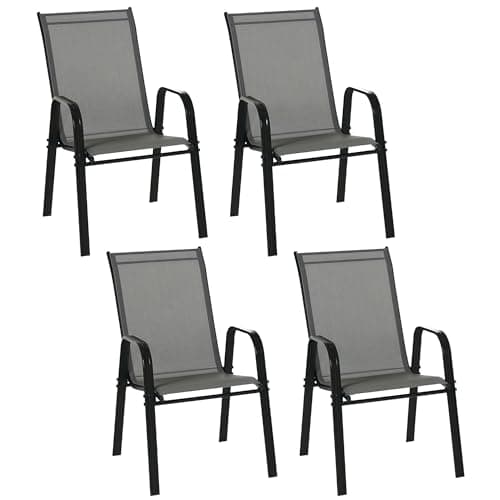 Image of Outsunny 4 Pieces Garden Chairs, Stackable Outdoor Chairs with High Backrest and Armrest, Breathable Mesh Fabric Dining Chair Set of 4, Dark Grey