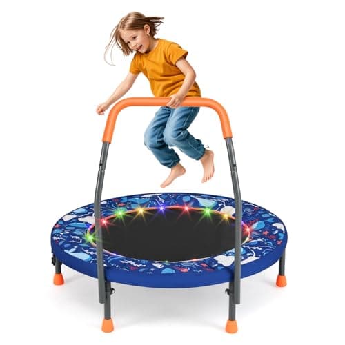 Image of COSTWAY 36 Inch Mini Trampoline for Toddlers, Foldable LED Lighting Children Exercise Rebounder with Foam Handle and Padded Safety Cover, Indoor Outdoor Kids Trampolines for Boys Girls (Navy)
