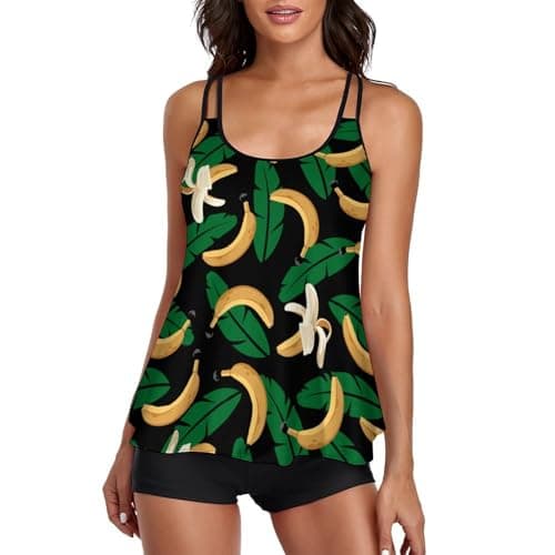 Image of peiyeety Bananas Pattern Swimsuits Tankini Set Woman Sexy Split Swimwear Suits Tummy Control Beach Bathing Suit Top Bottoms Black