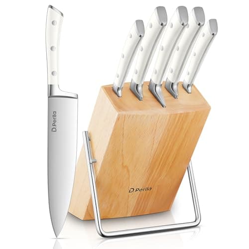 Image of D.Perlla 6 Pieces Kitchen Knife Set Knife Block Set with High Carbon German Stainless Steel, Sharp Knife Set with Stylish Wooden Block, White