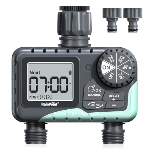 Image of RAINPOINT Water Timer 2 Outlets, IP65 Waterproof Garden Hose Irrigation Timer with Rain Delay/Manual Watering, Automatic Watering System for Lawn, Yard, 2 Zone-Plastic