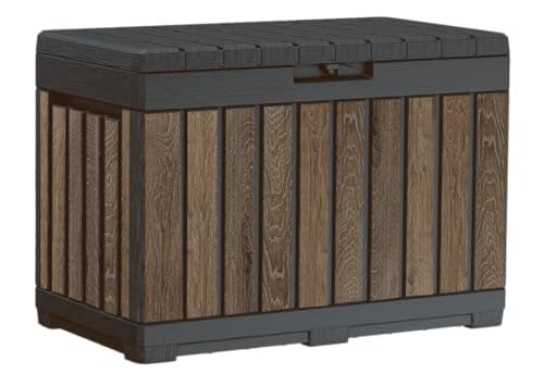 Image of Keter Signature Everwood 50 Gallon Resin Outdoor Storage Box and Patio Furniture Side Table for Pool and Garden Accessories, Walnut