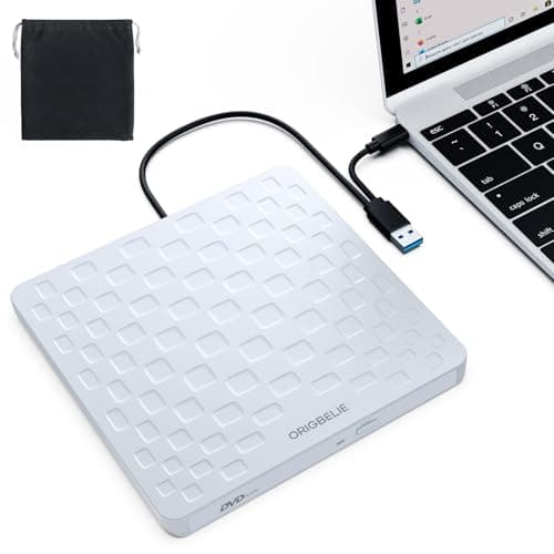 Image of ORIGBELIE External CD/DVD Drive for Laptop, Ultra Slim 13mm USB 3.0 Type-C Portable DVD Player CD Burner Reader Writer Recorder for Desktop PC Windows 11/10/8/7 Linux Mac OS, White