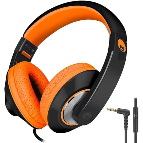 Image of Rockpapa Comfort+ Kids Headphones, Over Ear Wired Headphones for Kids Children Adult with Microphone, Stereo Sound, Adjustable Head phones for School/Travel/Phone/PC/MP3-Black Orange