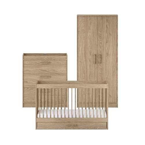 Image of Silver Cross - Geneva 3-piece set - Cot Bed & Dresser With Intergrated Changing Top & Full Size Kids Wardrobe - Nursery Furniture - Natural Oak Finish