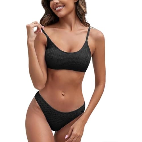 Image of ADUDVLO Women Bikini Sets Scoop Neck Ribbed Cheeky Textured Spaghetti Strap Two Piece Bathing Suit (UK, Alpha, M, Regular, Regular, Black)