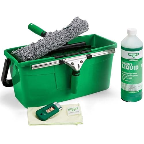 Image of UNGER Window Cleaning Kit PRO Set - Power Washer Sleeve, ErgoTec Squeegee, Bucket 12L, Liquid Glass Cleaner 1L, Safety Glass Scraper, Microfibre Cloth - Professional Window Cleaner Equipment