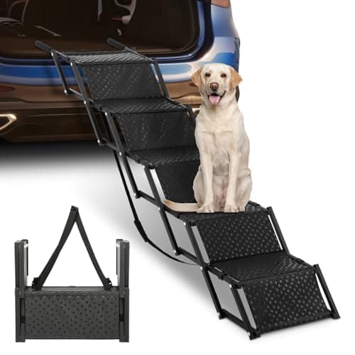 Image of LEIBOU Dog Stairs for Cars, Portable Folding Pet Ramps for Cars, SUV, Trucks, Lightweight Pet Ramp for Large Dogs with Non-Slip Surface, Reinforced Dog Steps Supports Up to 200 lb, 5 Steps