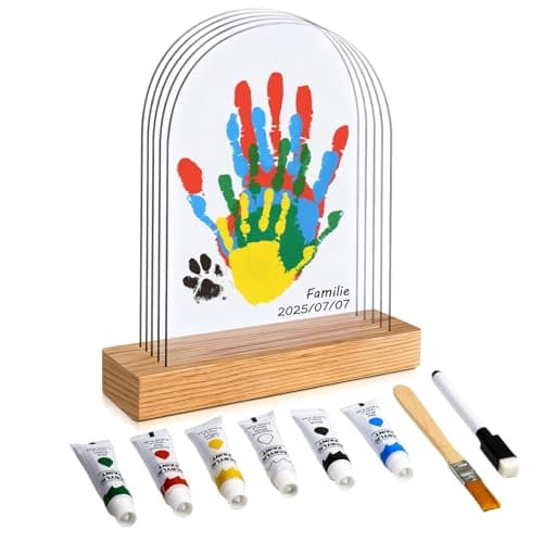 Image of SSJkeji Family Handprint Kit Clear DIY Craft Keepsake DIY Hand & Footprint Kit with Wooden Frame, 5 Panels & 6 Paints Perfect as New Baby Gifts, New Mum Gift and Family Gifts