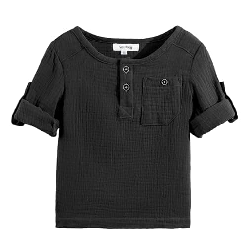 Image of Volunboy Toddler Boys Long Sleeve Henley Shirt Light Cotton Button Down Tshirt Top with Pocket 1-5 Years(Black,3-4 Years,Tag Size 110)