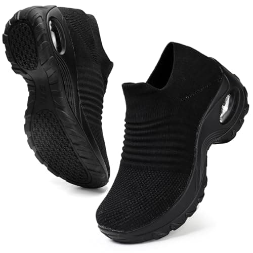 Image of HKR Slip on Womens Trainers with Arch Support Comfortable Orthopedic Shoes for Women Plantar Fasciitis Non Slip Ladies Nurse Work Nordic Walking Shoes All Black UK 5
