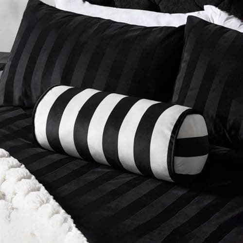 Image of OHS Matte Velvet Round Bolster Cushion Stripe Pillow Cushions Soft Neck Roll Pillow for Sleeping Armrest Back Yoga Bolster Cushion for Sofa Bed, Monochrome - 46 x 20cm