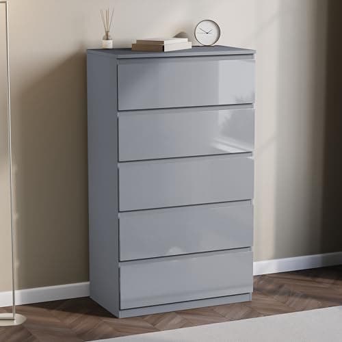 Image of Vida Designs Glinton High Gloss Chest of Drawer, 100% FSC Certified Chest of Drawers for Clothes - Closet Organizers and Storage Cabinet for Hallway, Entryway (Grey, 5 Drawer)