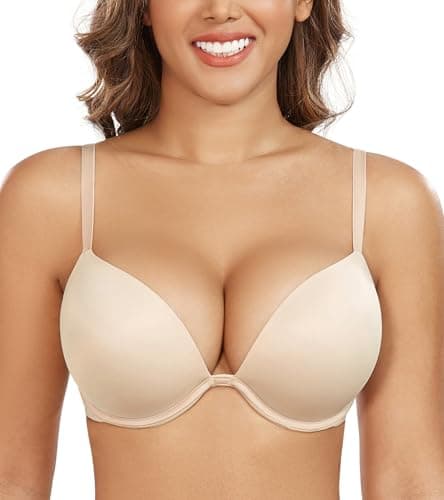 Image of DotVol Women's Thick Padded Push Up Deep Plunge Underwire T-Shirt Everyday Bra(Beige,32DD)