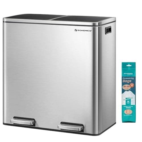 Image of SONGMICS Dual Rubbish Bin, Metal Recycling Bin with 15 Rubbish Bags, 2-Compartment, with Lids, Pedals, Plastic Inner Buckets, Soft Closure, 2 x 8 Gallons (2 x 30 L), Silver and Black LTB60NL