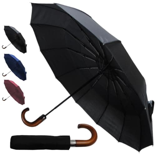 Image of Rare 12 Rib Compact Small Umbrella - 50MPH Strong Windproof Umbrella Folding Foldable Frame - Vented Canopy - Best for Auto Open and Close - Wooden Hook Handle - Black