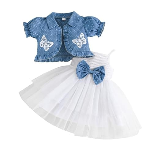 Image of XIXIMAON Baby Girl Summer Outfits Bow Sleeveless Tulle Skirt Dot Butterfly Floral Puffy Short Sleeve Coat Dress And Cardigan Set Kids Spring Clothes (White, 12-18 Months)