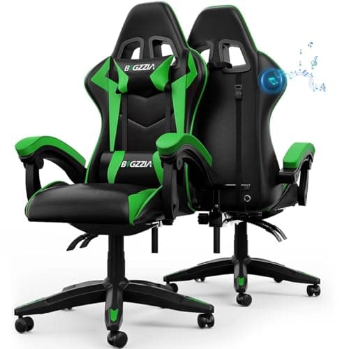 Image of bigzzia Ergonomic Gaming Chair with Speakers - Gamer Chairs with Lumbar Cushion + Headrest, Height-Adjustable Office & Computer Chair for Adults (with Bluetooth Speaker, Green)
