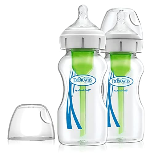 Image of Dr Brown's Natural Flow Anti-Colic Options+ Wide-Neck Glass Baby Bottle, 9oz/270 ml, with Level 1 Slow Flow Teat, Pack of 2 Transparent (Packing May Vary)