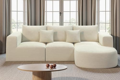 Image of Hawthyhome Sofa with Sleep Function, Frameless Corner Sofa, L-Shape Couch, Installation-Free Corduroy Fabric Corner Sofa with Right Chaise Lounge for Living Room, 3-Seater, 264 x 177 x 59 cm, Beige