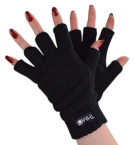 Image of THMO Ladies Thermal Fingerless Gloves Winter Fleece Lined Soft Thinsulate Gloves for Women (One Size, Black)