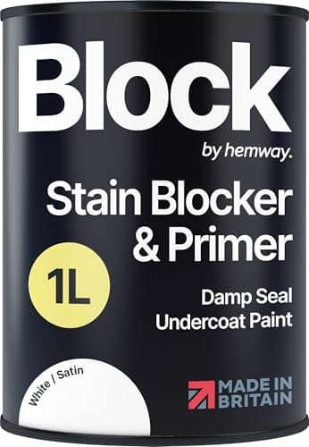 Image of Hemway Stain Blocker Paint & Primer, Satin White 1L, Damp Seal Paint, Wood Primer, for Bathroom, Kitchen, Bedroom Walls & Ceilings, Damp Proof Undercoat Stain Block