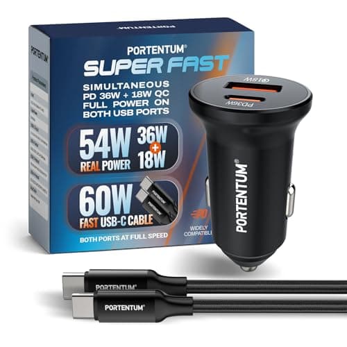 Image of PORTENTUM Car Charger Adapter 54W + 60W USB-C Cable included – Dual and simultaneous – USBC PD 36W + USBA QC 18W – Cigarette Lighter USB Charging for iPhone iPad Android Tablet Smartphone