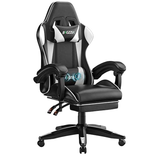 Image of bigzzia Gaming chair with massage function, ergonomic gamer chair with footrest, headrest, lumbar cushion, height adjustment, tilt 90°-155°, gaming chair for gaming, work, relaxation (White)