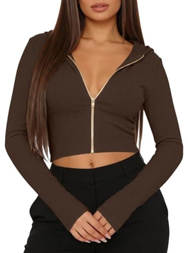 Image of LovelyWholesale Womens Ribbed Cropped Hoodie Zip Up Crop Sweatshirt Casual Long Sleeve Tops, Brown, S