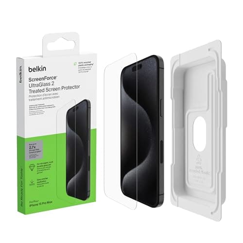 Image of Belkin ScreenForce UltraGlass 2 Treated iPhone 15 Pro Max Screen Protector, Scratch-Resistant, 9H Hardness Tested Glass with Slim Design, Includes Easy Align Tray for Bubble-Free Application